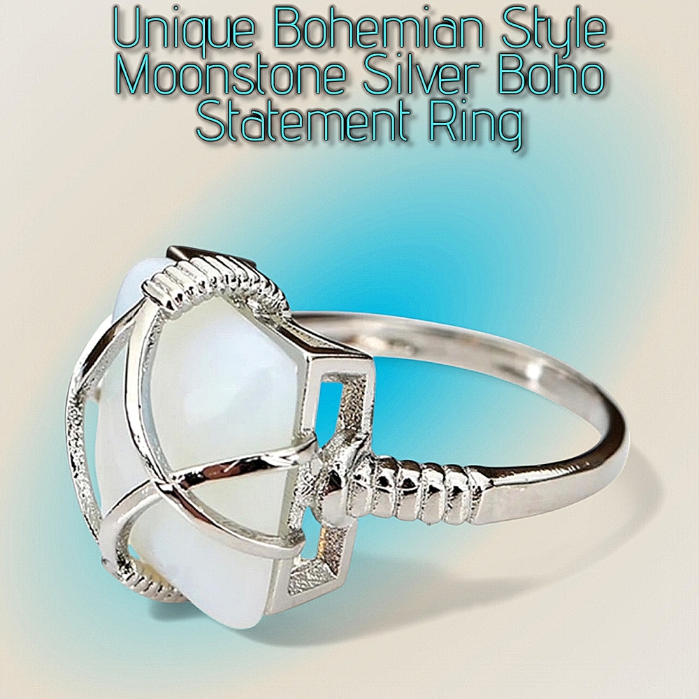 NIB Unique Bohemian Style Moonstone Silver Boho Statement Ring Size 7 - Picture 2 of 10